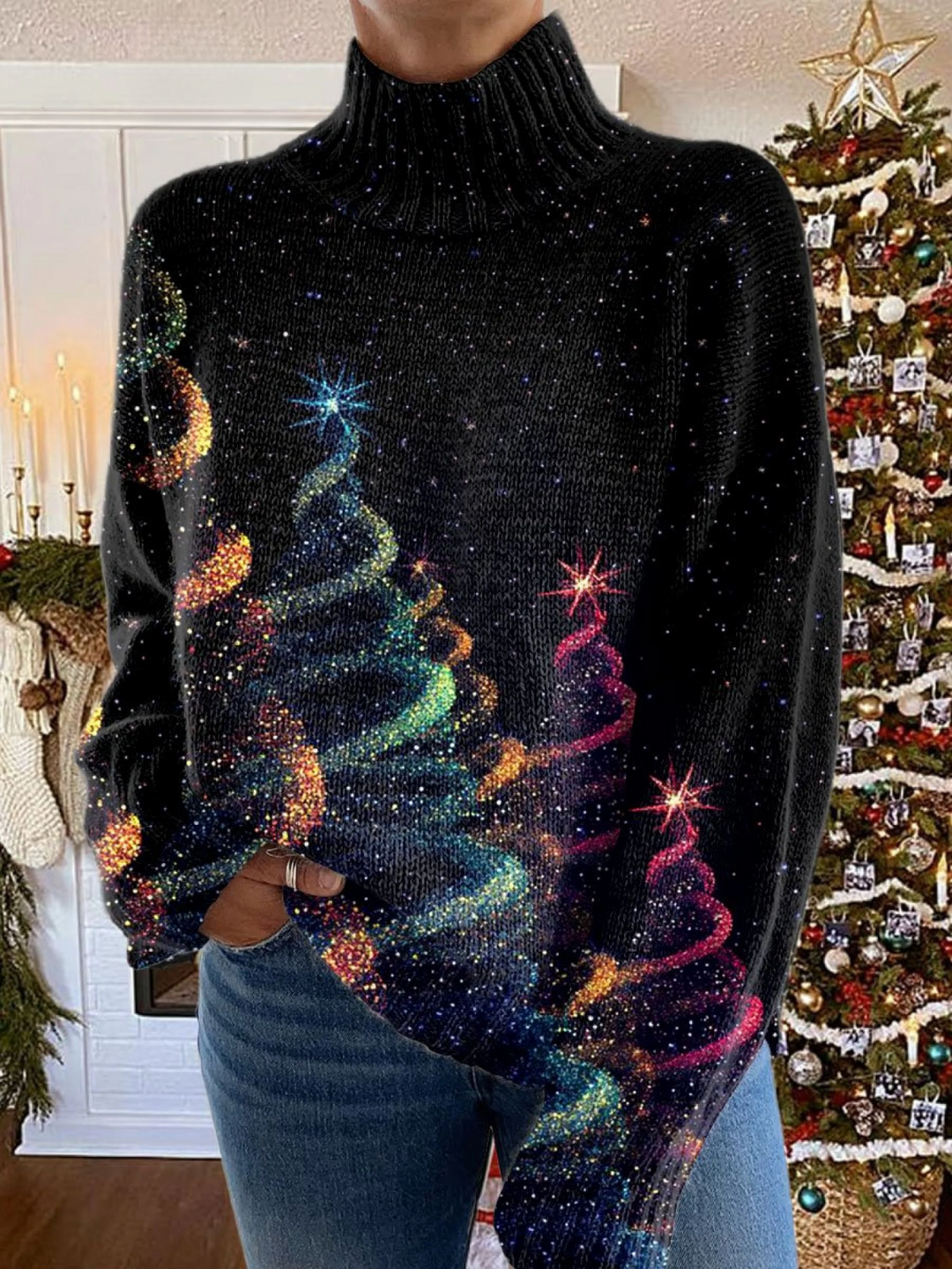 Poppy | Glitter Christmas Tree Turtleneck Sweater